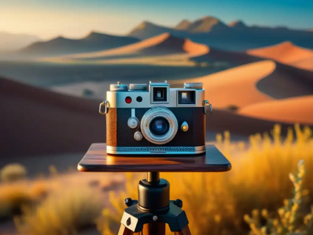 Fotografía artesanal en la vida nómada: cámara vintage en desierto al atardecer