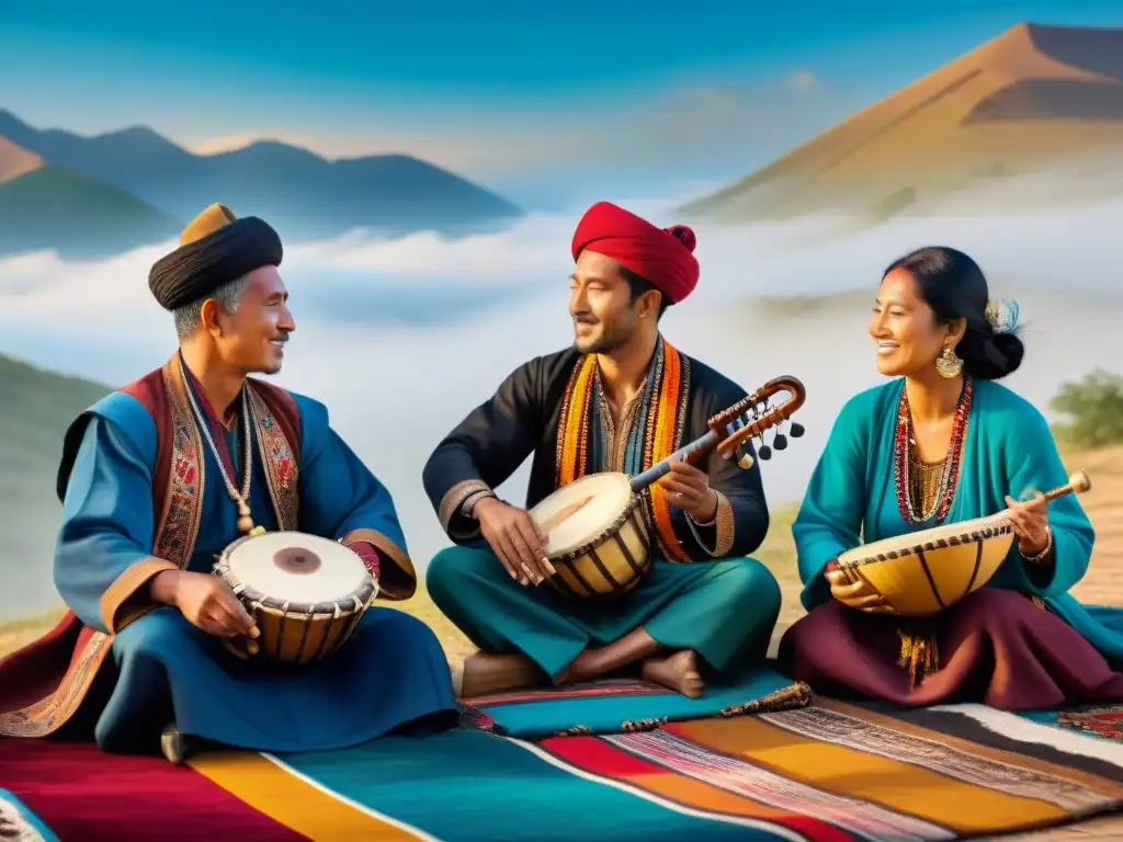 Artesanías nómadas tocando música tradicional al atardecer