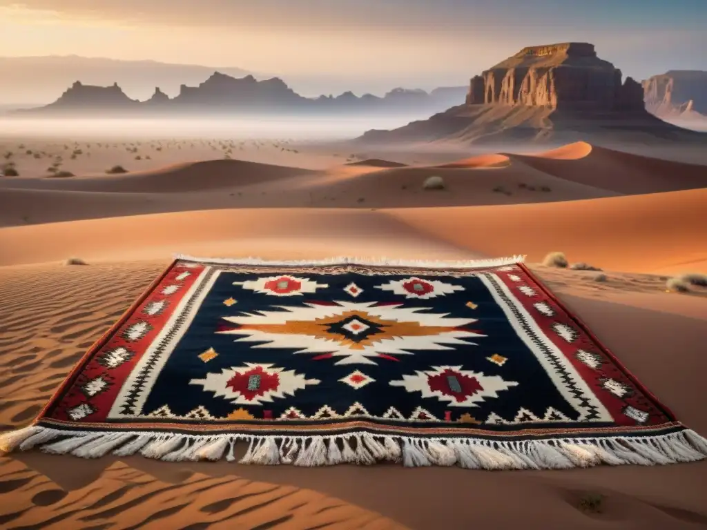 Artesanías tribus nómadas decoración: Tapiz tribal vintage en desierto soleado con artefactos dispersos al atardecer