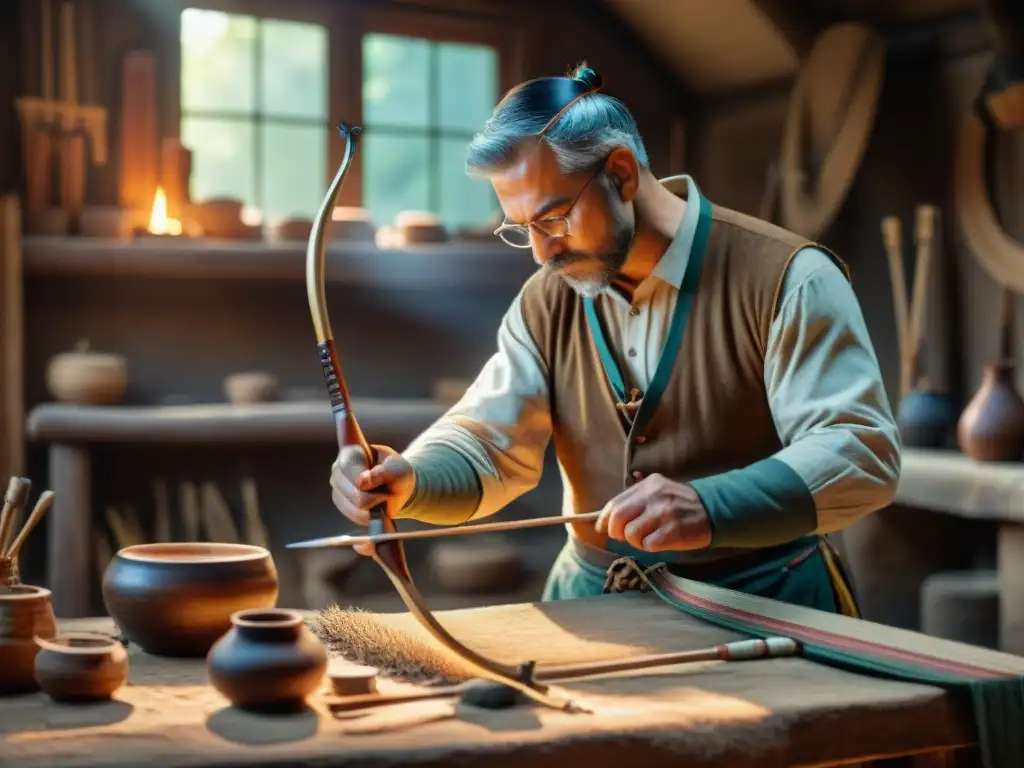 Un artesano experto crea un arco tradicional en un taller rústico, resaltando el Uso actual del arco tradicional