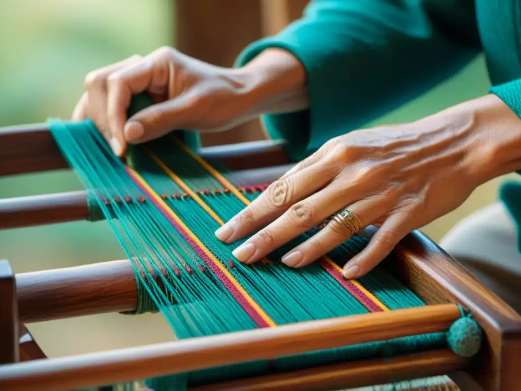 Un artesano experto teje con detalle hilos vibrantes en telar de madera, fusionando moda sustentable con técnicas textiles nómadas