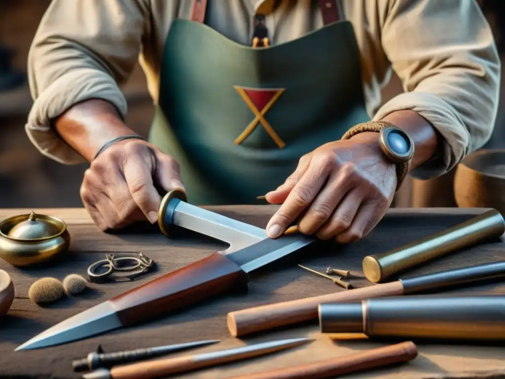 Un artesano habilidoso preservando un arma nómada antigua en un taller rústico lleno de herramientas y materiales