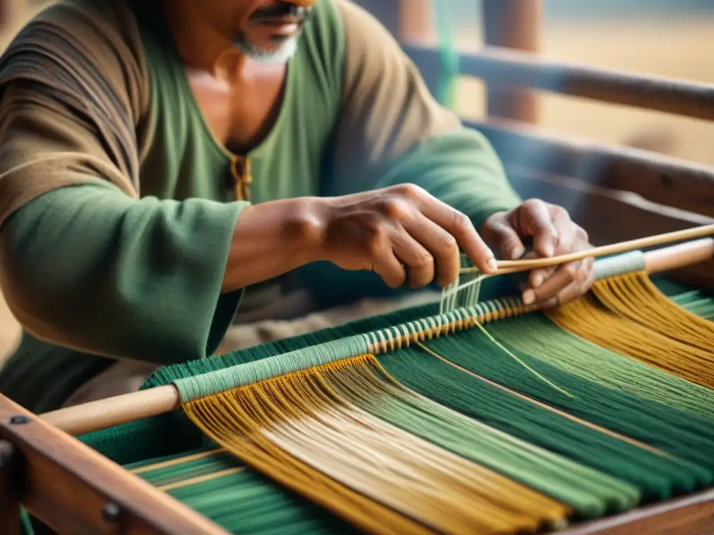 Un artesano habilidoso tejiendo patrones en un telar tradicional en las estepas, rodeado de fibras naturales en tonos tierra