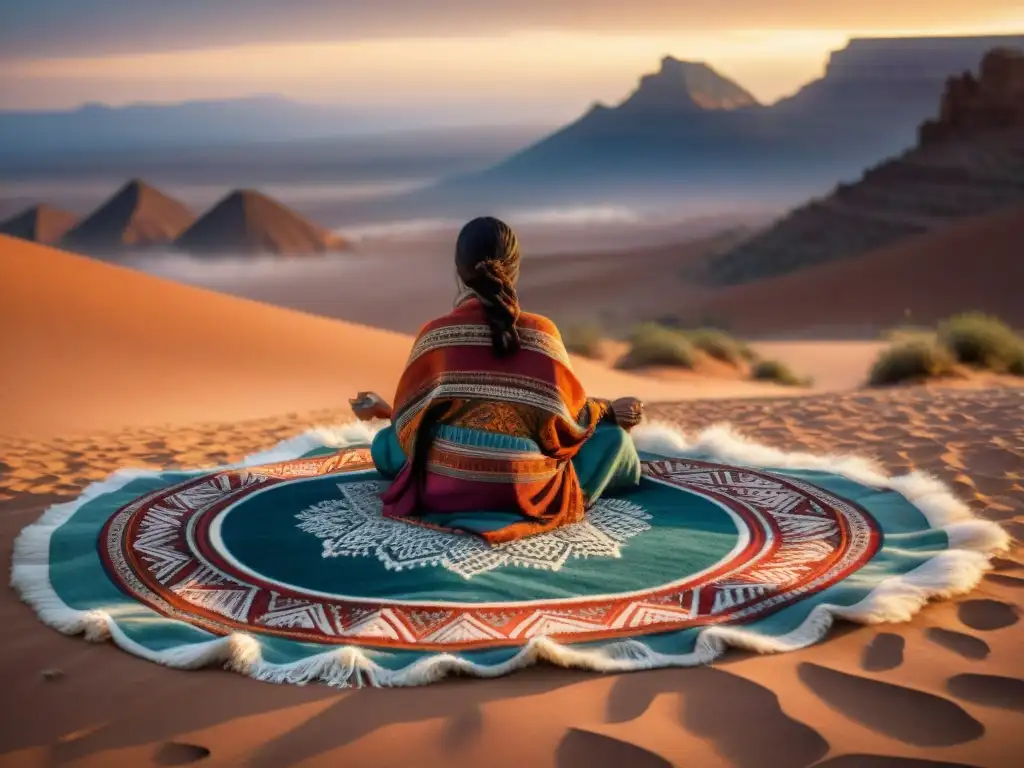 Un artesano nómada tejiendo una alfombra tradicional bajo un cielo estrellado en el desierto, preservando artesanías para futuras generaciones