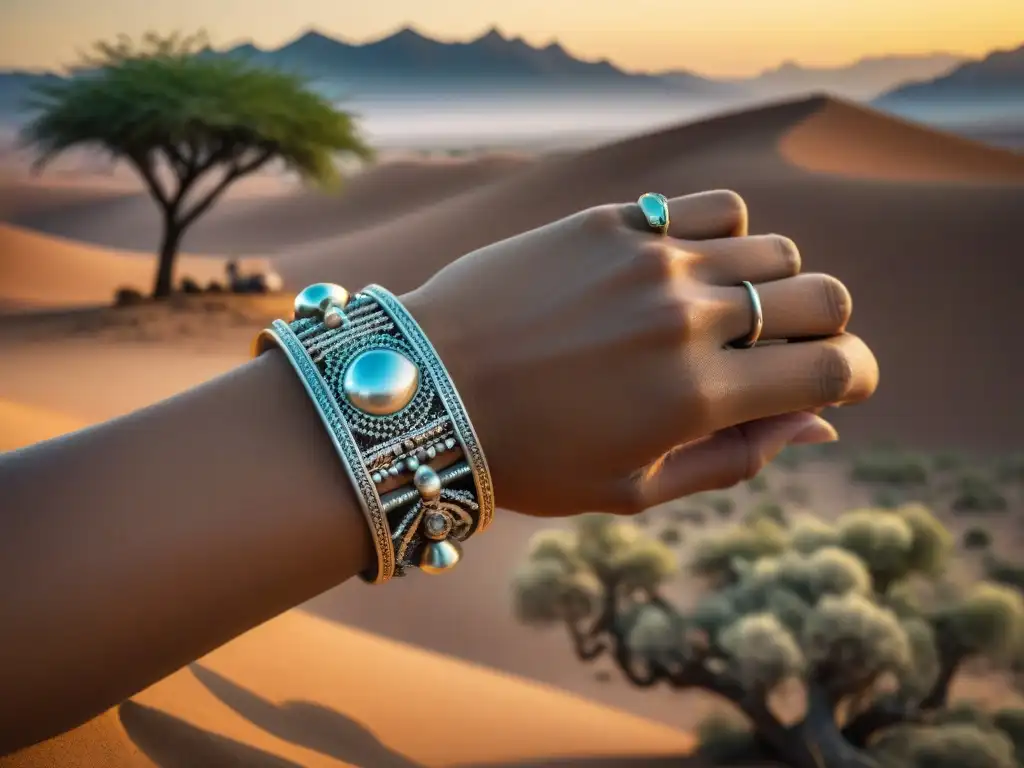 Un artesano nómada hábil elabora un brazalete de plata bajo un árbol en el desierto al atardecer, resaltando la orfebrería nómada técnicas ancestrales