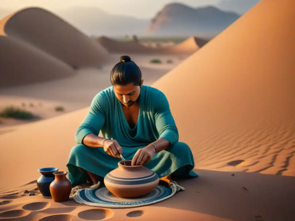 Un artesano nómada moldea cerámica al atardecer en un oasis del desierto