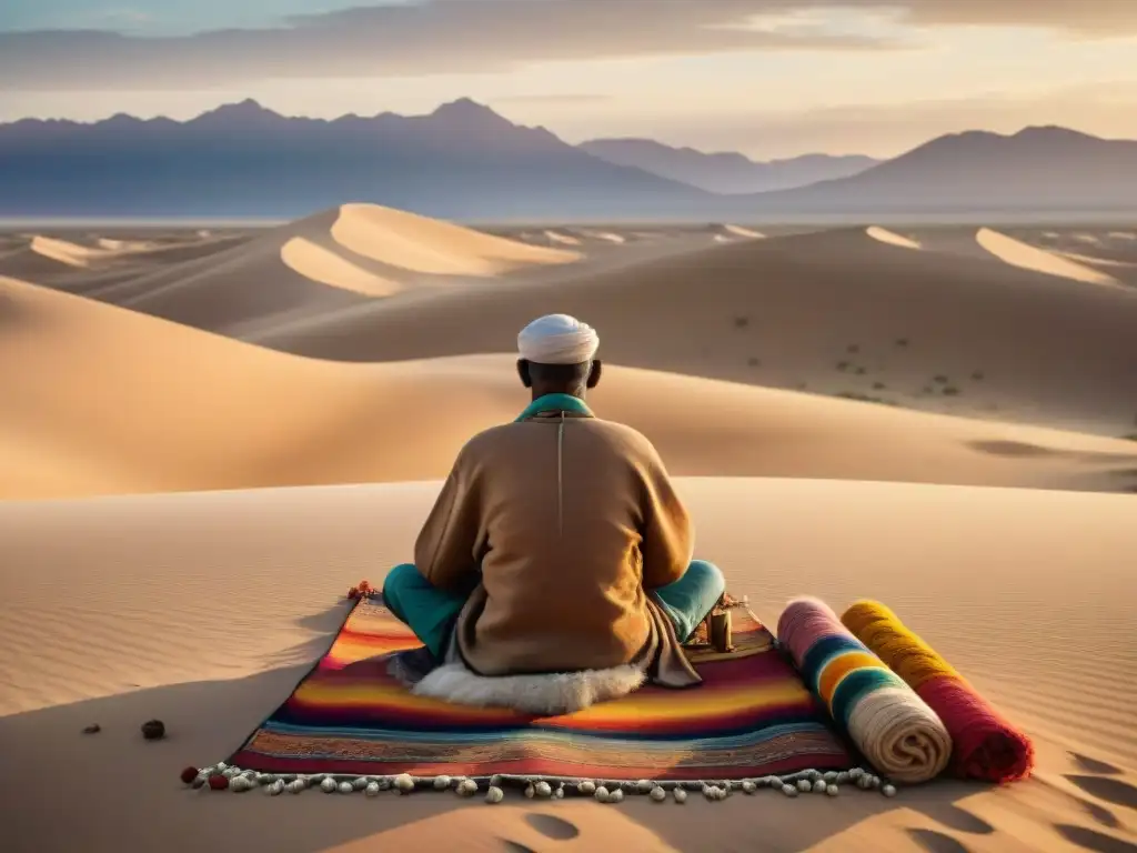 Un artesano nómada tejiendo bajo el cielo del desierto, preservando artesanías para futuras generaciones