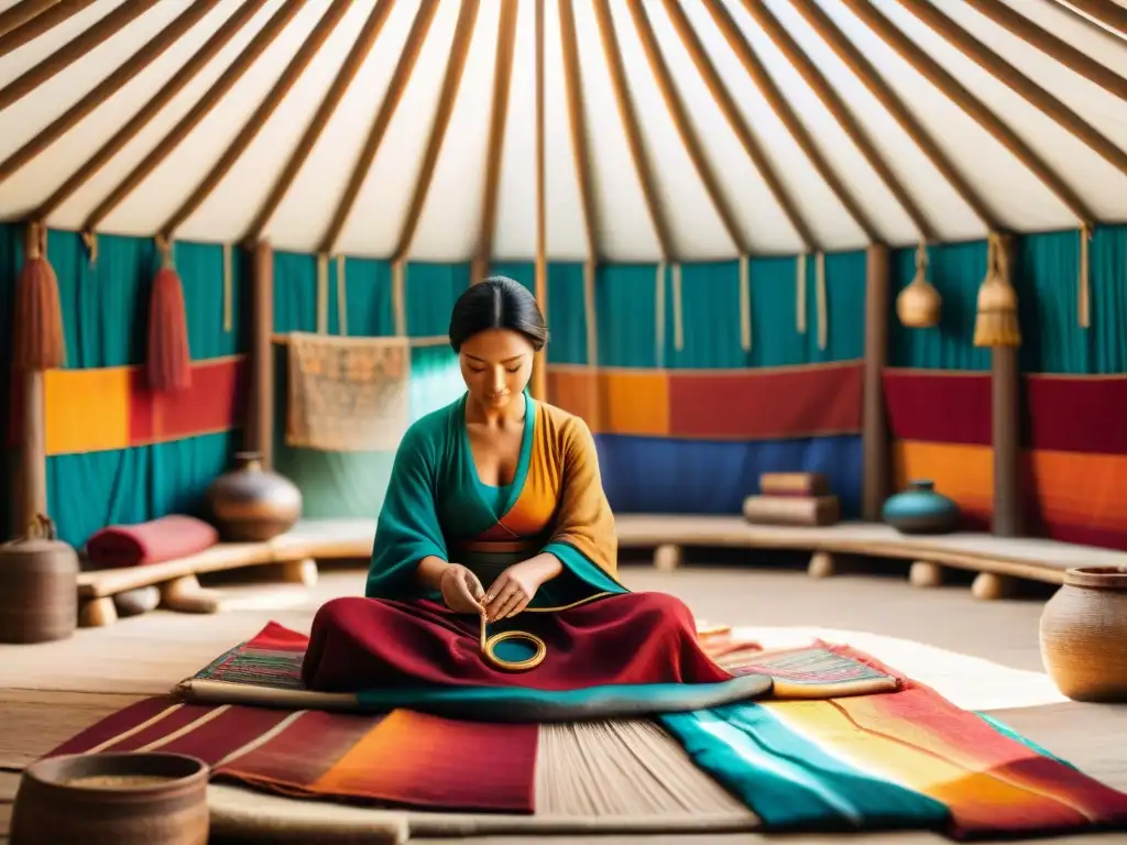 Un artesano nómada teje una colorida tapicería en su yurta, reflejando la autenticidad de las artesanías nómadas online