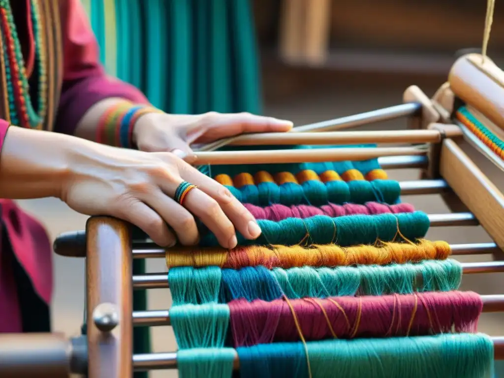 Artesano nómada tejiendo con destreza en telar antiguo, preservando artesanías para futuras generaciones