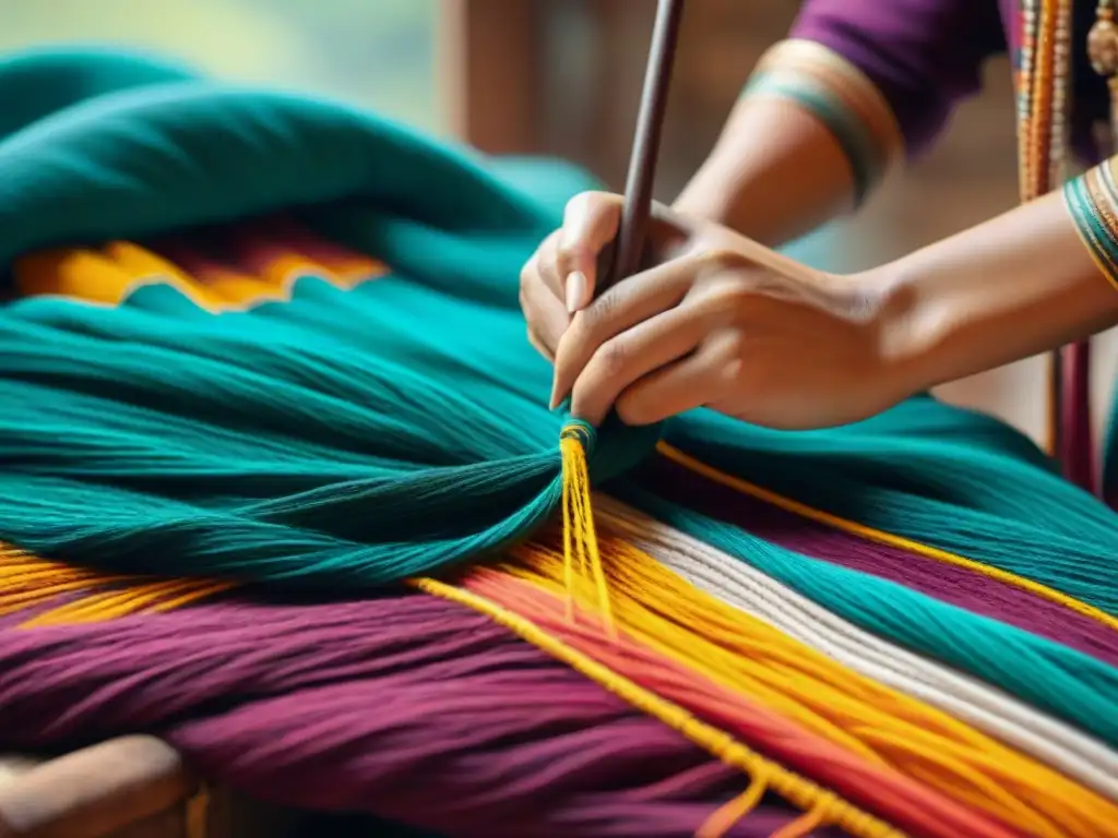 Arte textil nómada: tejido ancestral en colores vibrantes Un artesano nómada tejiendo con destreza un patrón tradicional en vibrantes colores