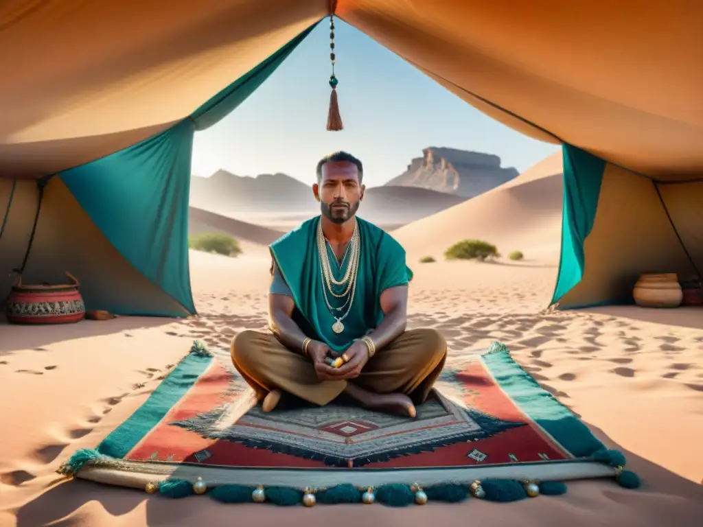 Un artesano nómada crea joyas tradicionales con cuidado y mantenimiento en un vibrante tapiz del desierto