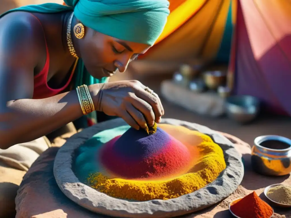 Un artesano nómada de tribu muele pigmentos antiguos en una losa de piedra, resaltando la artesanía y cultura