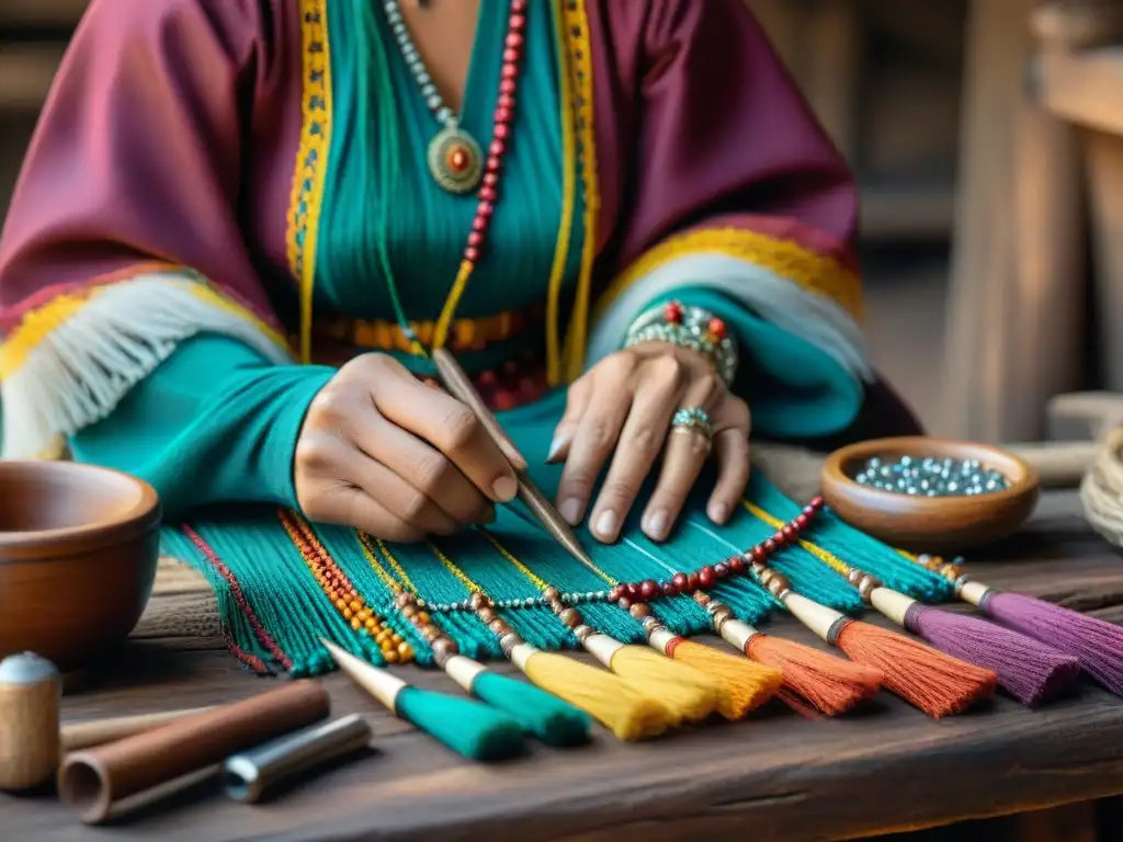 Artesanos de la indumentaria nómada creando joyería tradicional con técnicas ancestrales en un ambiente rústico y atemporal