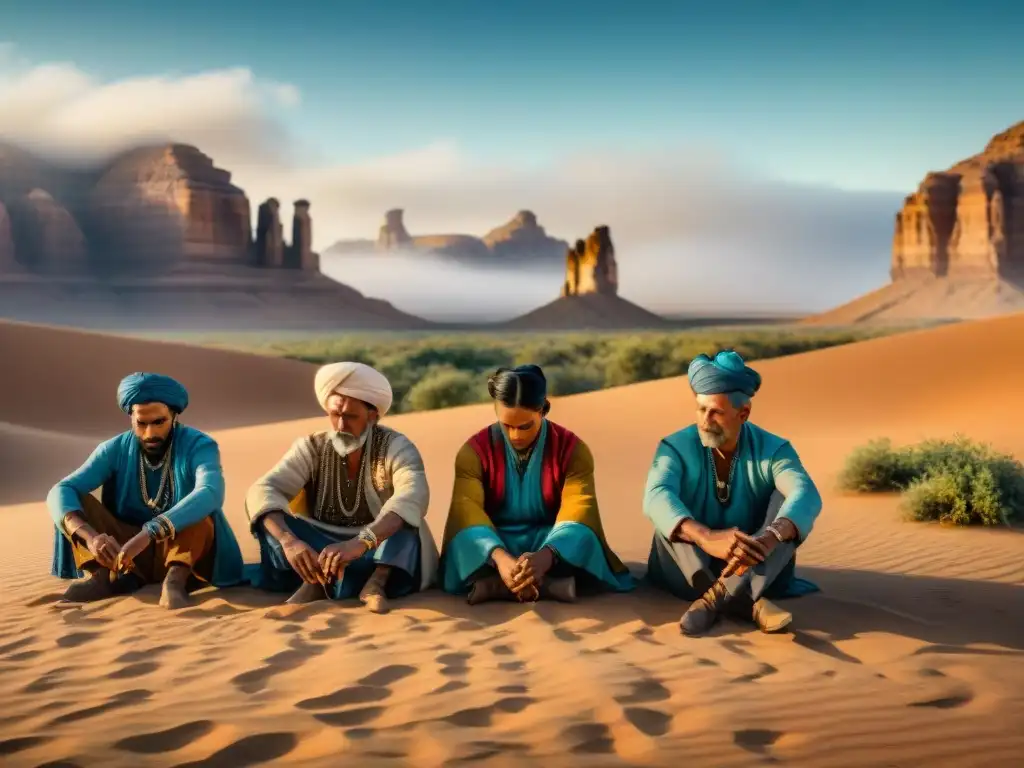 Artesanos nómadas creando ropa con secretos de durabilidad bajo el vasto cielo del desierto