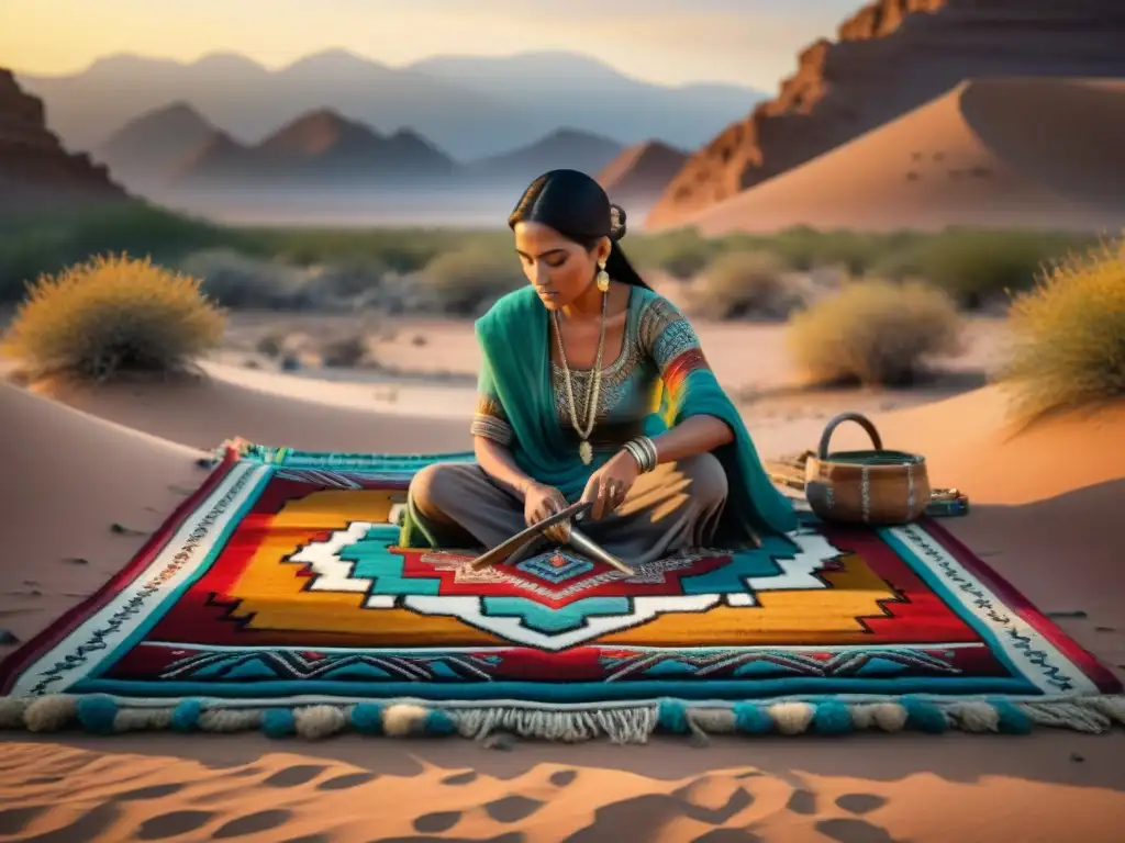 Artista nómada creando artesanías auténticas en desierto dorado al atardecer vibrante