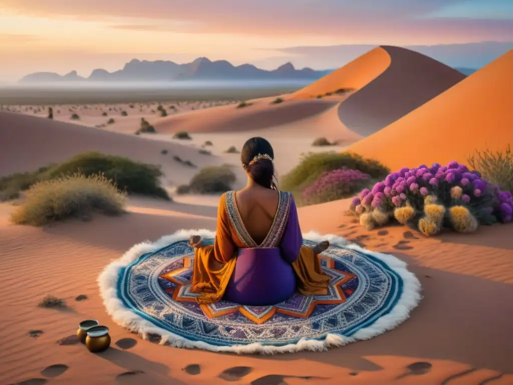 Un artista nómada crea un mandala en el desierto al atardecer con técnicas creativas de expresión y estilo nómada