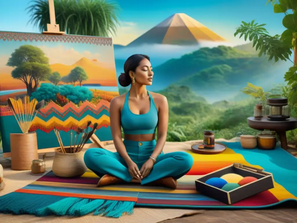 Artista nómada pintando en la naturaleza con técnicas creativas de expresión estilo nómada