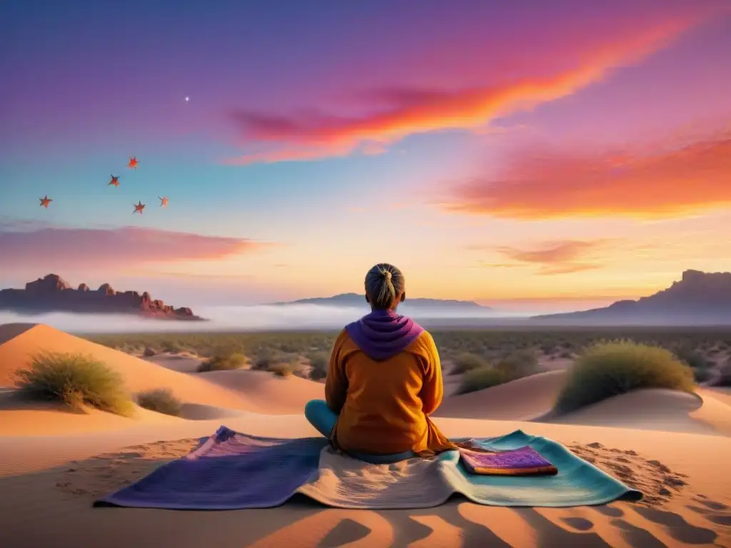 Un artista nómada crea una obra en el desierto con técnicas creativas, rodeado de textiles vibrantes