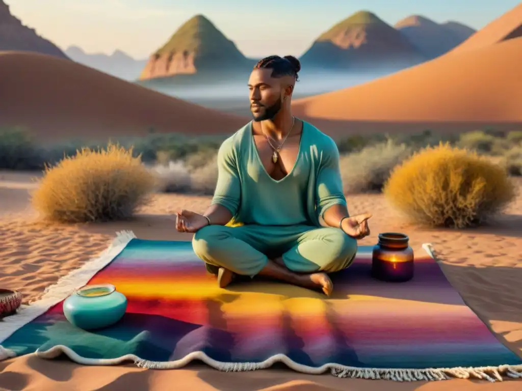 Artista nómada pintando con pigmentos en desierto, rodeado de naturaleza y artefactos