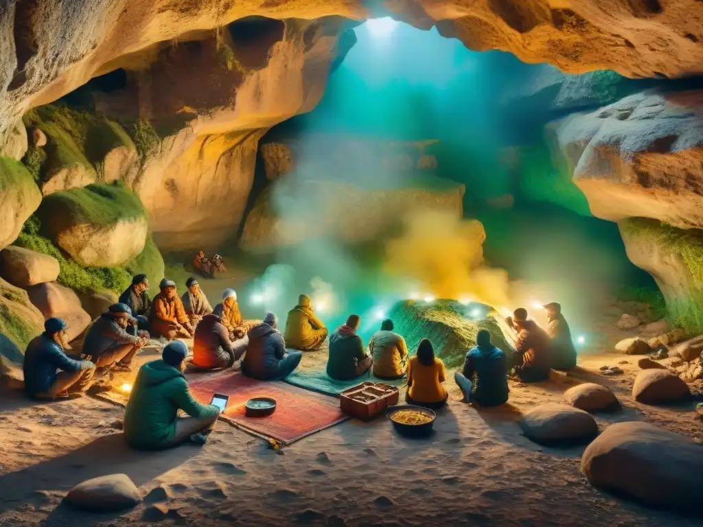 Artistas nómadas creando murales en cueva Artistas nómadas crean pinturas y grabados en cueva iluminada por antorchas