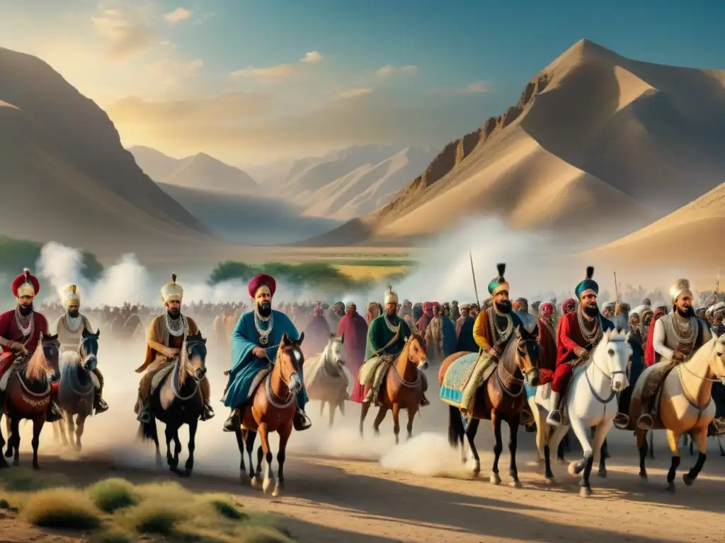 Ascensión de tribus nómadas en antigua Persia: pintura detallada de gran procesión, líderes tribales adornados a caballo y paisaje persa