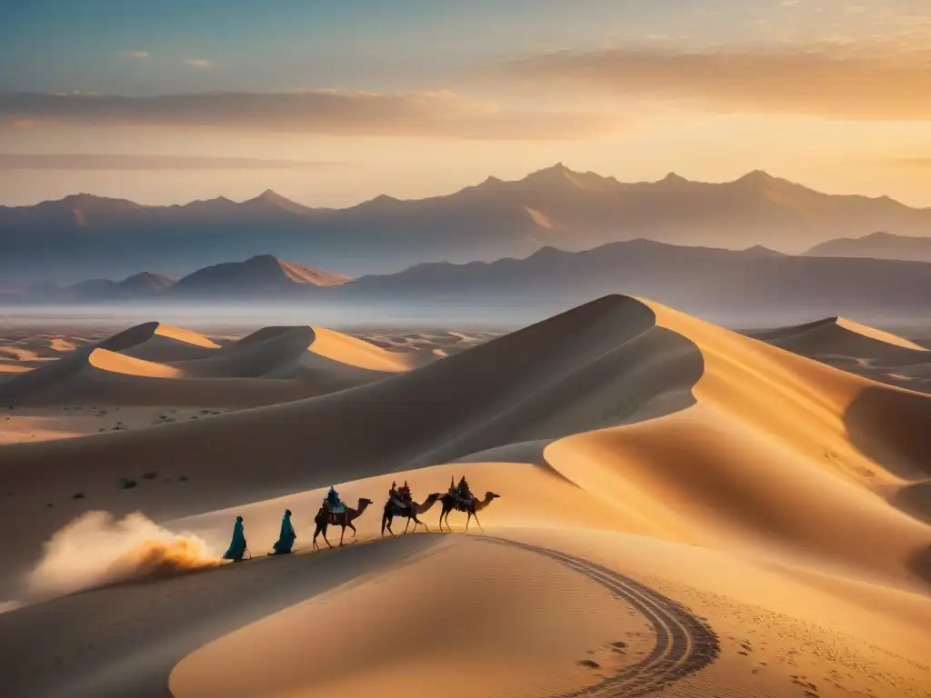 Ascensión de tribus nómadas en la antigua Persia: caravana avanza por el desierto dorado al atardecer, bajo un cielo majestuoso