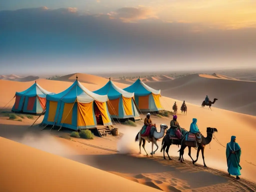 Ascensión de tribus nómadas en la antigua Persia: caravana majestuosa cruzando el desierto al atardecer, tiendas coloridas y camellos cargados