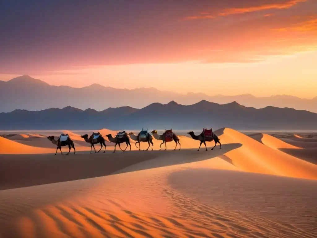 Asombroso atardecer en el desierto con asentamientos nómadas y camellos, evocando la historia