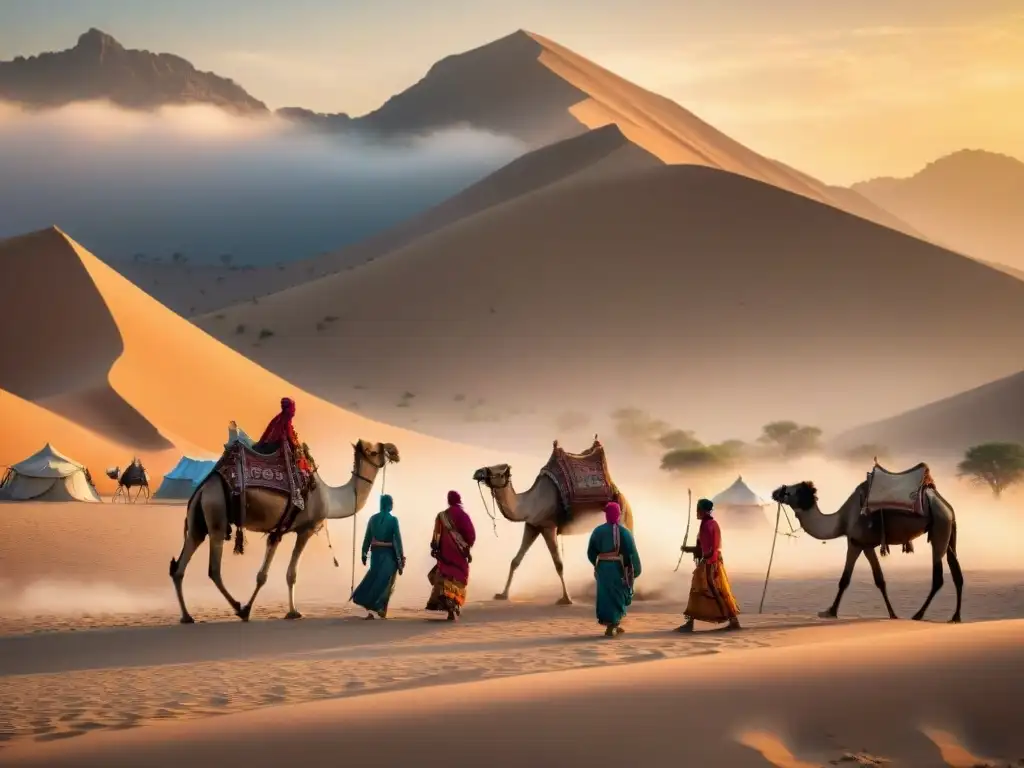 Tradicional tribu nómada en el desierto al atardecer Un atardecer deslumbrante en el desierto con una tribu nómada, transmitiendo armonía con la naturaleza y la cultura