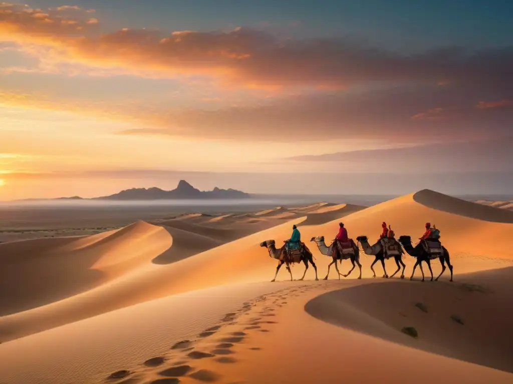 Un atardecer dorado en el desierto, tribus nómadas en camello, reflejo de historia y cultura