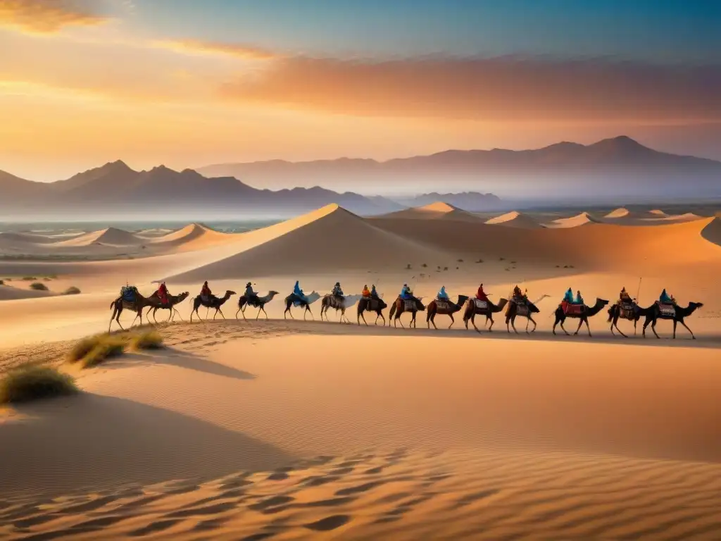 Un atardecer dorado sobre el desierto, con tribus nómadas y camellos en un retiro cultural