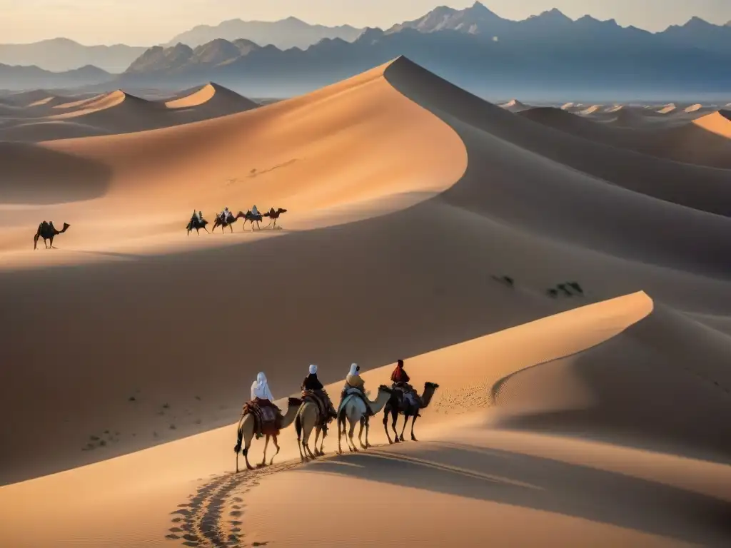 Atardecer dorado en el desierto con tribus nómadas en caravana bajo el cielo despejado