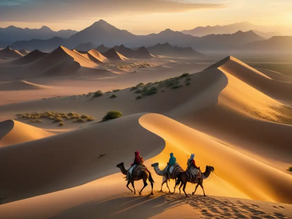 Un atardecer mágico en el desierto con caravanas y tribus nómadas, reflejando relaciones internacionales entre tribus