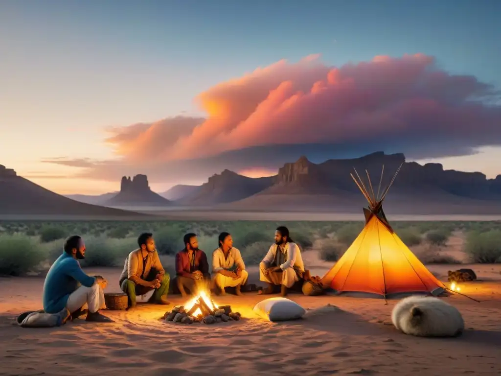 Un atardecer mágico en el desierto con la tribu nómada del siglo XXI, reflejando su vida de desafíos y conexión con la naturaleza