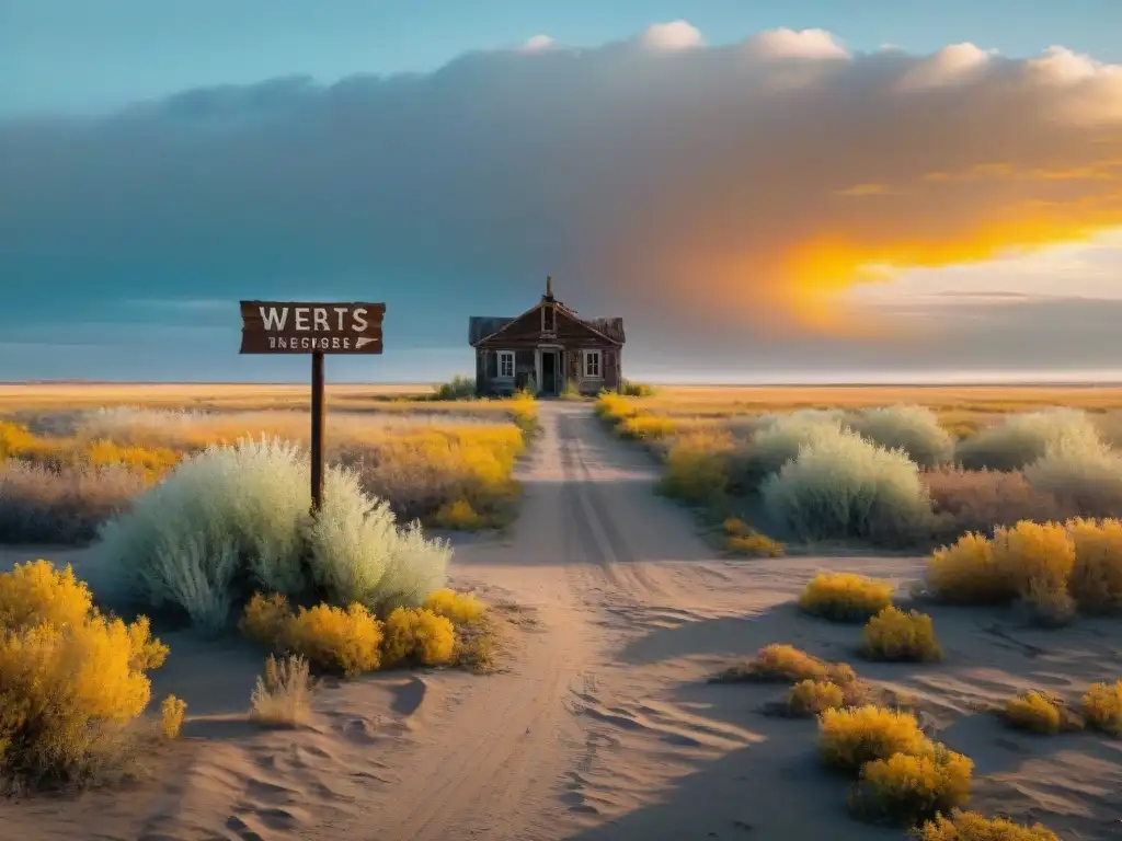 Un atardecer nostálgico en una ciudad fantasma con edificios abandonados y un letrero oxidado, evocando el origen y desaparición ciudades fantasma