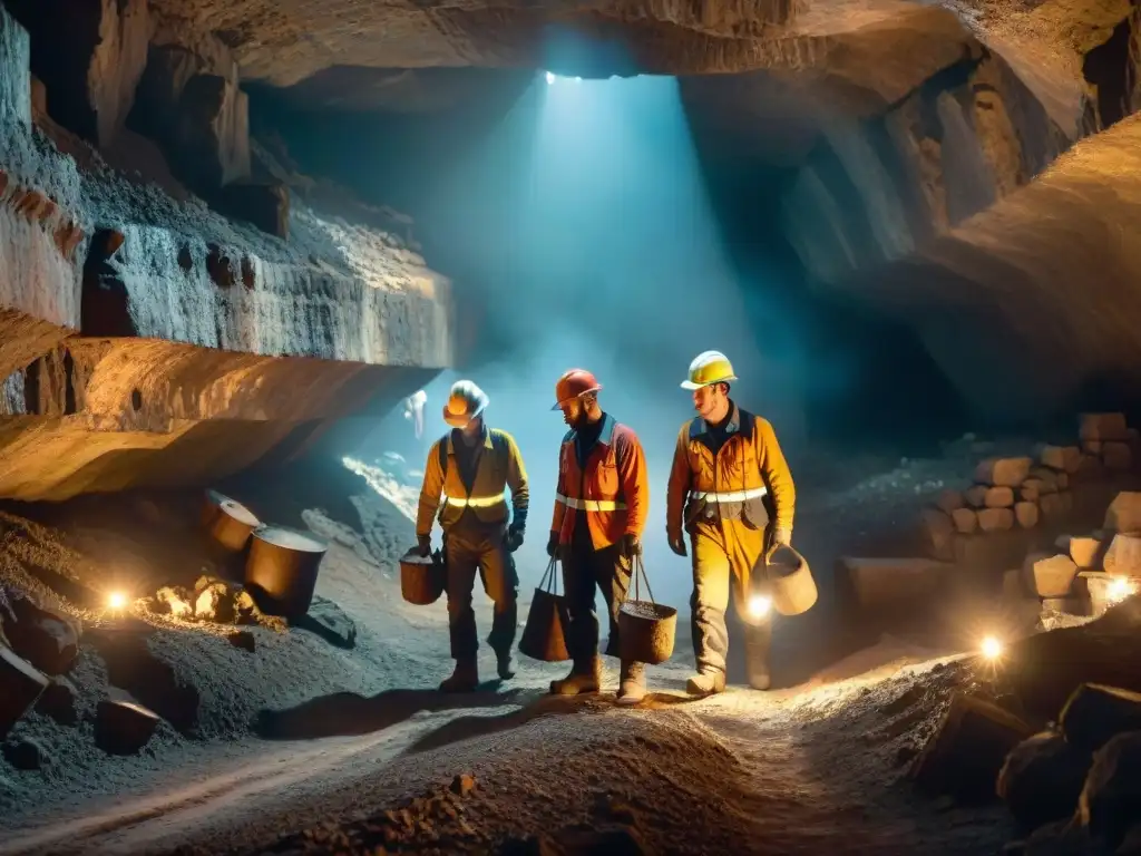 'Atmósfera de trabajo en mina subterránea antigua con luz tenue, mineros y 'Extracción de recursos en estepas''