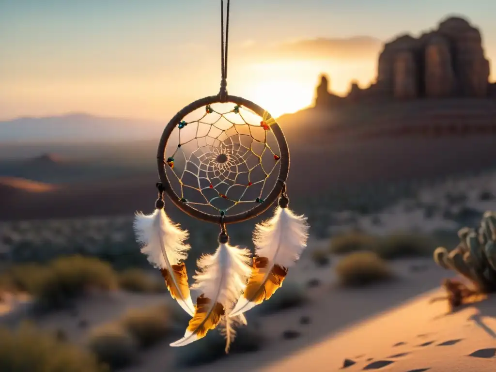 Un atrapasueños vintage colgando en el desierto, con cuentas y plumas coloridas ondeando al viento al atardecer