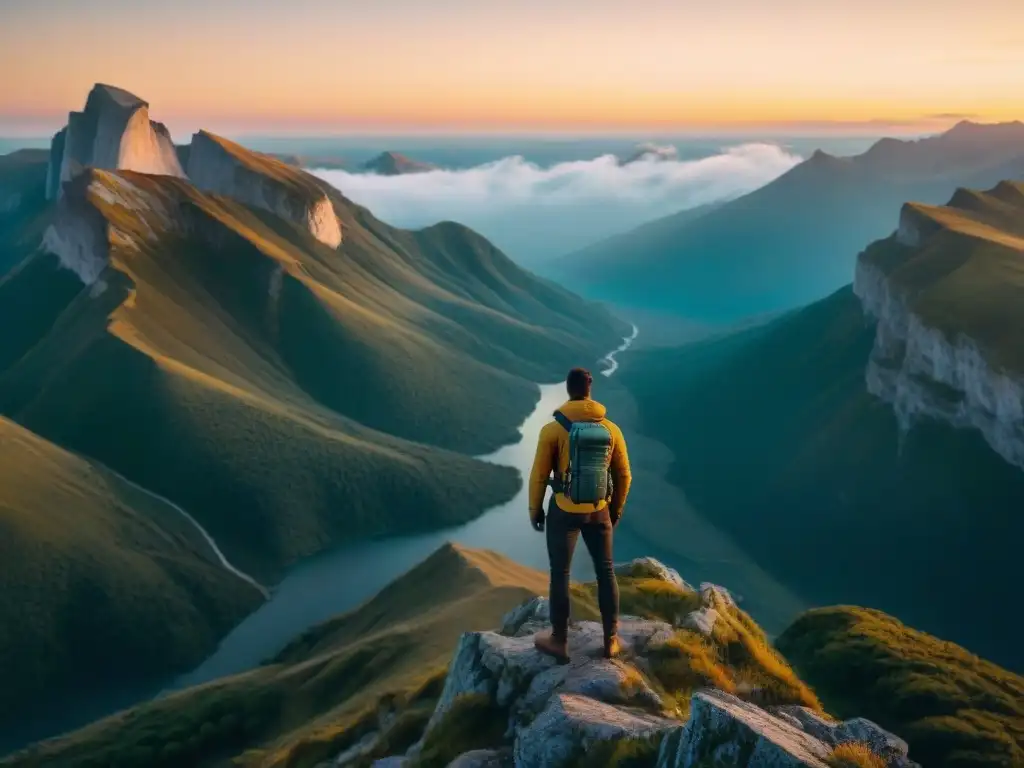 Aventurero en acantilado con satélite telefónico en mano, disfrutando de vistas en una montaña al atardecer