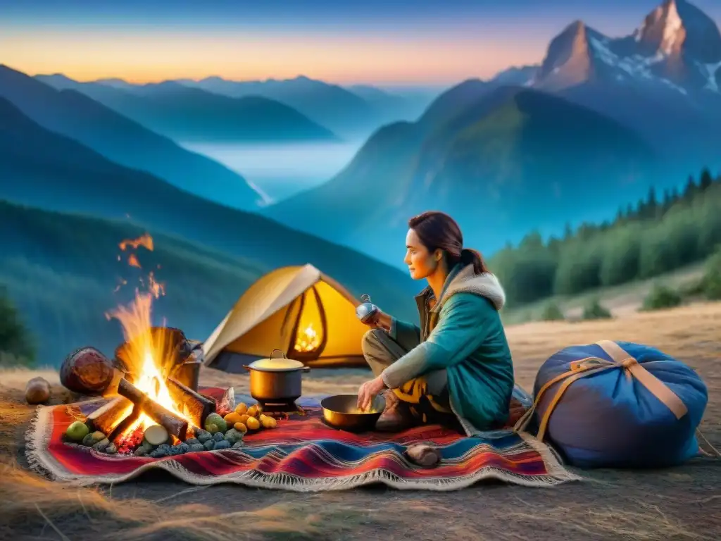 Un aventurero nómada prepara una cena en el campamento, rodeado de frutas, frutos secos y carne seca