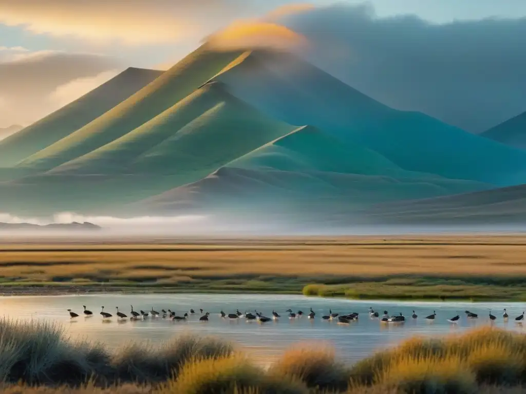 Aves acuáticas en la estepa danzando bajo la lluvia, simbolizando cambio y resiliencia en el ecosistema