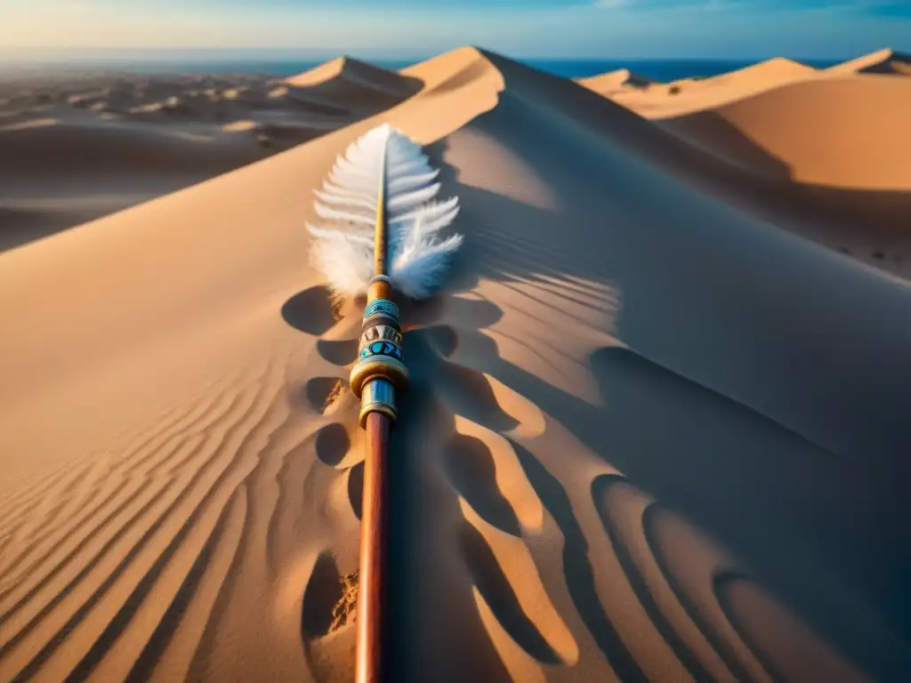 Personaliza tu tribu con este báculo tribal de madera antigua, plumas y grabados, en un desierto soleado