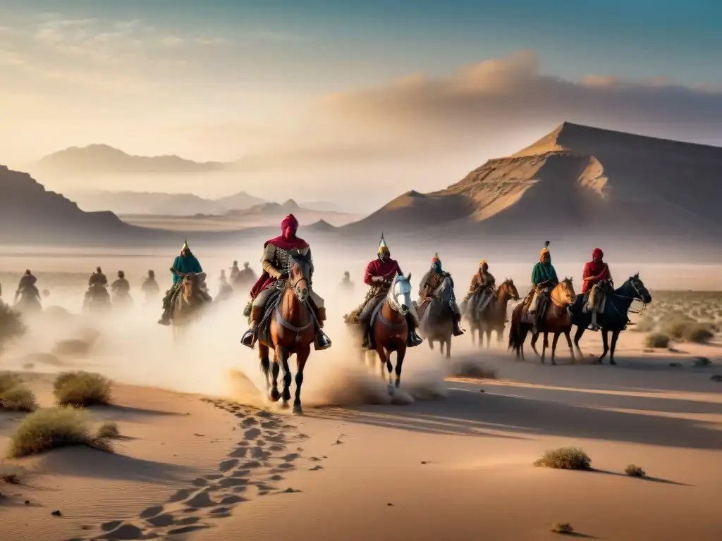 Batalla épica en desierto nómada, reflejando la influencia de guerras en economía nómada