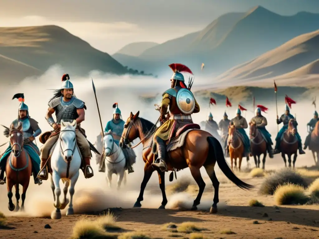 Batalla épica entre tribus nómadas: armas antiguas y paisajes salvajes Batalla feroz entre tribus nómadas con armas tradicionales y paisaje vasto