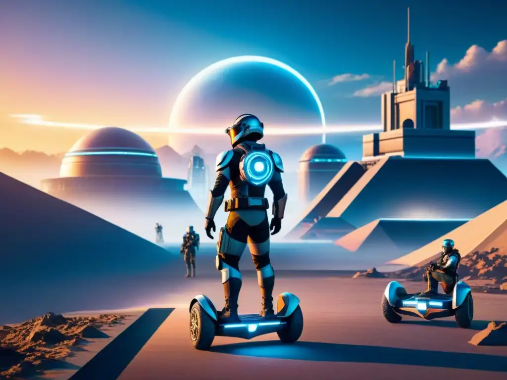 Batalla futurista con tecnologías nómadas en la guerra: guerreros sobre hoverboards avanzados contrastan con defensas innovadoras