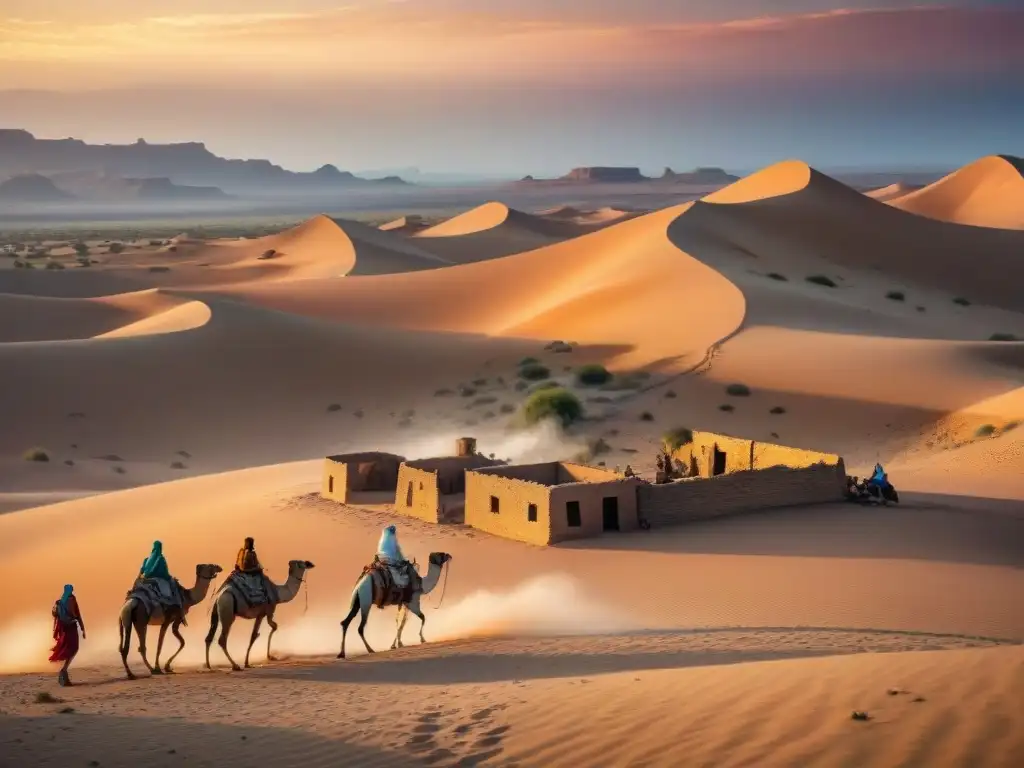 Descubre la belleza de antiguos asentamientos nómadas en un desierto al atardecer