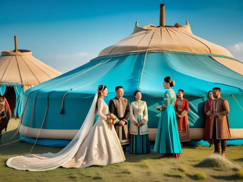 Una boda tradicional kazaja en la vasta estepa, con una yurta decorada y colores vibrantes