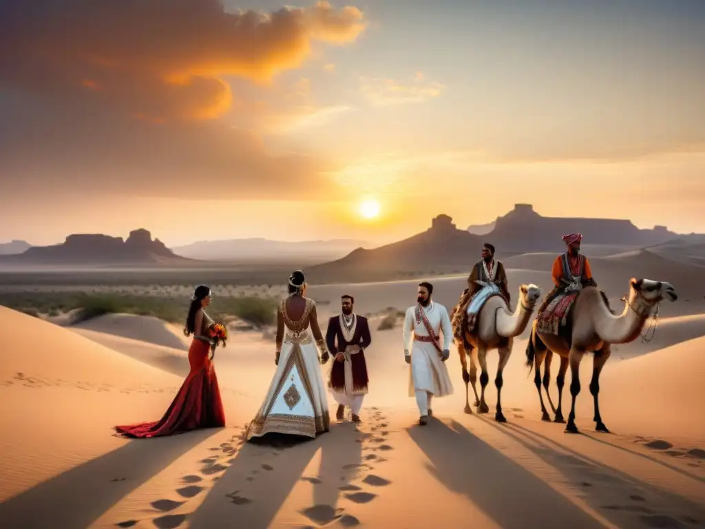 Una boda tribal en el desierto al atardecer con uniones matrimoniales de tribus nómadas