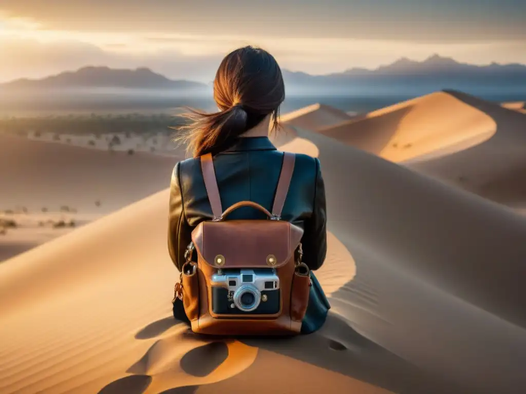 Una bolsa de cámara de cuero desgastado con patrones tribales en el desierto dorado al atardecer