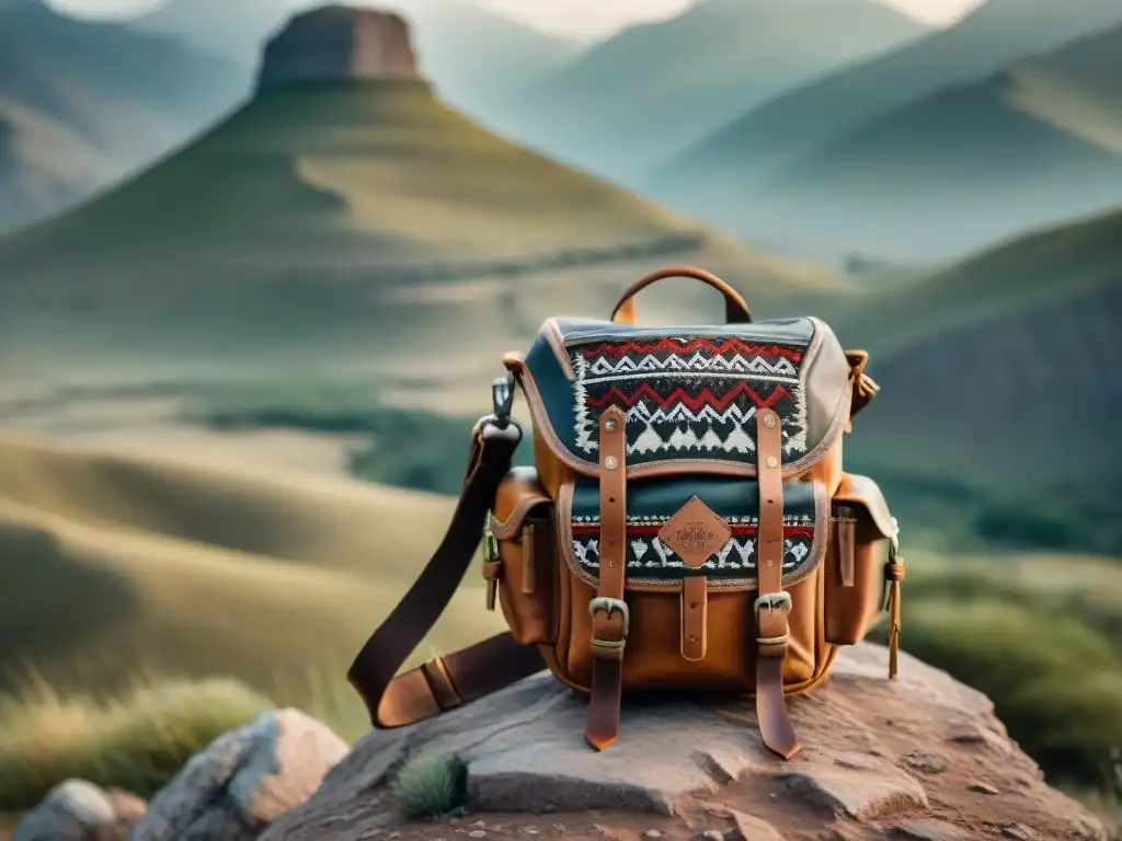 Una bolsa de cámara vintage de cuero en terreno montañoso, bajo cielo nublado