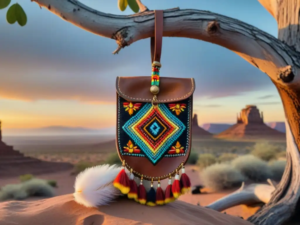 Un bolso de cuero adornado con cuentas cuelga de una rama en el desierto al atardecer, con tribus nómadas alrededor de una fogata